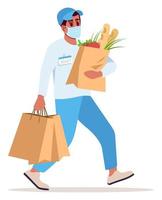 Food delivery during covid lockdown semi flat RGB color vector illustration. Preventative measures. Courier with packages wearing face mask isolated cartoon character on white background