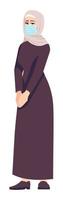 chica humilde con ilustración de vector de color rgb semi plano hiyab. figura de pie. medidas preventivas. mujer modesta con máscara facial personaje de dibujos animados aislado sobre fondo blanco