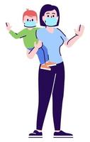 Avoiding coronavirus disease semi flat RGB color vector illustration. Preventative measures for covid. Mother with toddler in arms wearing masks isolated cartoon character on white background