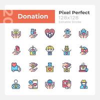 Donation opportunities pixel perfect RGB color icons set. Giving items away for free. Charitable organization. Isolated vector illustrations. Simple filled line drawings collection. Editable stroke