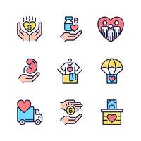 Volunteer opportunities pixel perfect RGB color icons set. Monetary donation. Social responsibility. Isolated vector illustrations. Simple filled line drawings collection. Editable stroke
