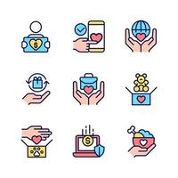 Donating to multiple charities pixel perfect RGB color icons set. Fundraising event. Charitable organization. Isolated vector illustrations. Simple filled line drawings collection. Editable stroke