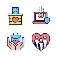 Fundraising strategy pixel perfect RGB color icons set. Money donation. Social responsibility. Community work. Isolated vector illustrations. Simple filled line drawings collection. Editable stroke