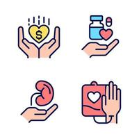 Donation to healthcare organizations pixel perfect RGB color icons set. Donated organs. Safe medication disposal. Isolated vector illustrations. Simple filled line drawings collection. Editable stroke