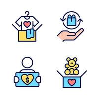 Donating used goods pixel perfect RGB color icons set. Second hand clothes. Charitable group. Send toys. Isolated vector illustrations. Simple filled line drawings collection. Editable stroke