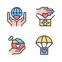 Helping others pixel perfect RGB color icons set. Charitable organization. Animal donation. Hand out free food. Isolated vector illustrations. Simple filled line drawings collection. Editable stroke
