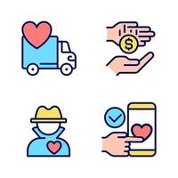 Public charity pixel perfect RGB color icons set. Donating motor vehicle. Microphilanthropy. Anonymous donor. Isolated vector illustrations. Simple filled line drawings collection. Editable stroke