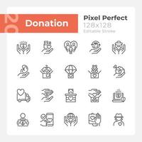 Donation opportunities pixel perfect linear icons set. Giving items away for free. Charitable organization. Customizable thin line symbols. Isolated vector outline illustrations. Editable stroke