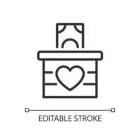 Money donation pixel perfect linear icon. Cash charitable contributions. Generous benefaction. Thin line illustration. Contour symbol. Vector outline drawing. Editable stroke. Arial font used