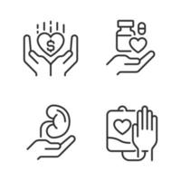 Donation to healthcare organizations pixel perfect linear icons set. Donated organs. Safe medication disposal. Customizable thin line symbols. Isolated vector outline illustrations. Editable stroke
