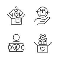 Donating used goods pixel perfect linear icons set. Second hand clothes. Charitable group. Send toys. Customizable thin line symbols. Isolated vector outline illustrations. Editable stroke
