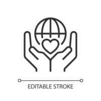 Charitable organization pixel perfect linear icon. Philanthropic group. International crowdfunding. Thin line illustration. Contour symbol. Vector outline drawing. Editable stroke. Arial font used
