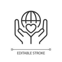 Charitable organization pixel perfect linear icon. Philanthropic group. International crowdfunding. Thin line illustration. Contour symbol. Vector outline drawing. Editable stroke. Arial font used