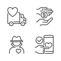 Public charity pixel perfect linear icons set. Donating motor vehicle. Microphilanthropy. Anonymous donor. Customizable thin line symbols. Isolated vector outline illustrations. Editable stroke