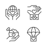 Helping others pixel perfect linear icons set. Charitable organization. Animal donation. Hand out free food. Customizable thin line symbols. Isolated vector outline illustrations. Editable stroke