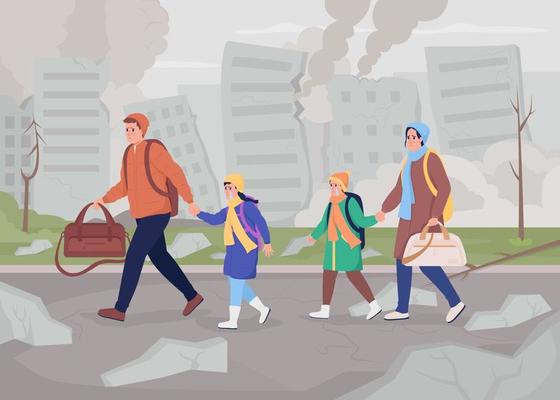Leaving war-torn city due to military conflict flat color vector illustration