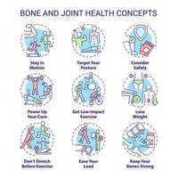 Bone and joint health concept icons set. Healthy lifestyle choices idea thin line color illustrations. Stay in motion. Isolated symbols. Editable stroke. Roboto-Medium, Myriad Pro-Bold fonts used vector