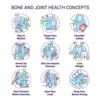 conjunto de iconos de concepto de salud ósea y articular. opciones de estilo de vida saludable idea ilustraciones en color de línea delgada. mantenerse en movimiento. símbolos aislados. trazo editable. roboto-medium, innumerables fuentes pro-bold utilizadas vector