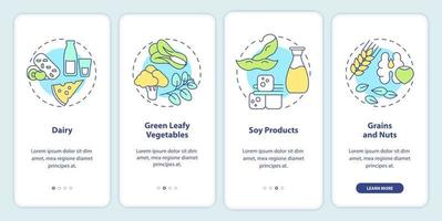 Food for healthy bones onboarding mobile app screen. Green vegetables walkthrough 4 steps graphic instructions pages with linear concepts. UI, UX, GUI template. Myriad Pro-Bold, Regular fonts used vector