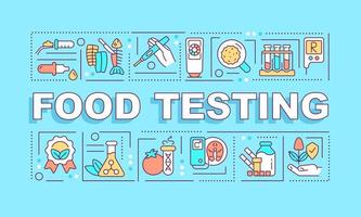 Food testing word concepts turquoise banner. Measuring products quality. Infographics with icons on color background. Isolated typography. Vector illustration with text. Arial-Black font used