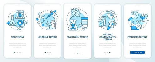 Nutritional analysis blue onboarding mobile app screen. Contaminations walkthrough 5 steps graphic instructions pages with linear concepts. UI, UX, GUI template. Myriad Pro-Bold, Regular fonts used