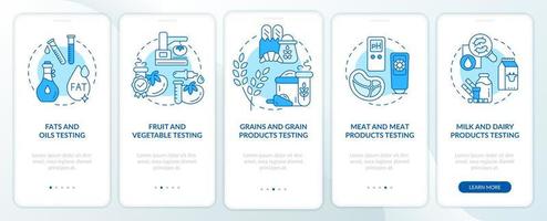 Lab testing for food production blue onboarding mobile app screen. Walkthrough 5 steps graphic instructions pages with linear concepts. UI, UX, GUI template. Myriad Pro-Bold, Regular fonts used vector