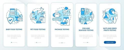 Food processing and development blue onboarding mobile app screen. Walkthrough 5 steps graphic instructions pages with linear concepts. UI, UX, GUI template. Myriad Pro-Bold, Regular fonts used vector