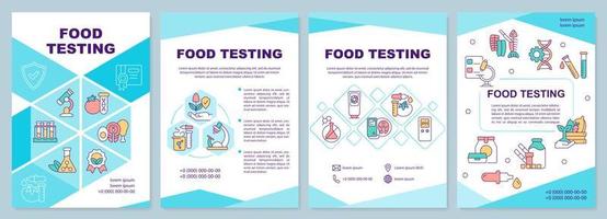 Food testing turquoise brochure template. Food assessment. Leaflet design with linear icons. 4 vector layouts for presentation, annual reports. Arial-Black, Myriad Pro-Regular fonts used