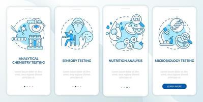 Food test procedures blue onboarding mobile app screen. Microbiology walkthrough 4 steps graphic instructions pages with linear concepts. UI, UX, GUI template. Myriad Pro-Bold, Regular fonts used vector