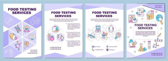 plantilla de folleto púrpura de servicios de prueba de alimentos. analisis quimico diseño de folletos con iconos lineales. 4 diseños vectoriales para presentación, informes anuales. arial-black, innumerables fuentes pro-regulares utilizadas vector