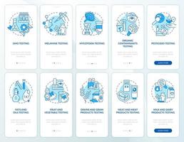 Food safety testing blue onboarding mobile app screen set. Analysis walkthrough 5 steps graphic instructions pages with linear concepts. UI, UX, GUI template. Myriad Pro-Bold, Regular fonts used vector