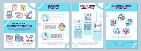 Food samples analysis turquoise brochure template. Sensory test. Leaflet design with linear icons. 4 vector layouts for presentation, annual reports. Arial-Black, Myriad Pro-Regular fonts used