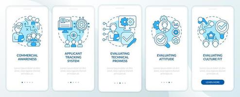 Habilidades de recursos humanos para la pantalla de la aplicación móvil de incorporación de negocios azul. tutorial de tecnología 5 pasos páginas de instrucciones gráficas con conceptos lineales. interfaz de usuario, ux, plantilla de interfaz gráfica de usuario. innumerables fuentes pro-negrita y regulares utilizadas vector