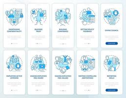 HR skills blue onboarding mobile app screen set. Employment walkthrough 5 steps graphic instructions pages with linear concepts. UI, UX, GUI template. Myriad Pro-Bold, Regular fonts used vector