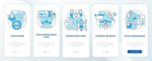 HR organizing skills blue onboarding mobile app screen. Corporate walkthrough 5 steps graphic instructions pages with linear concepts. UI, UX, GUI template. Myriad Pro-Bold, Regular fonts used vector