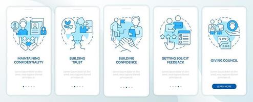 HR communicative skills blue onboarding mobile app screen. Business walkthrough 5 steps graphic instructions pages with linear concepts. UI, UX, GUI template. Myriad Pro-Bold, Regular fonts used vector