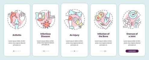 Joint disorders causes onboarding mobile app screen. Bone infection walkthrough 5 steps graphic instructions pages with linear concepts. UI, UX, GUI template. Myriad Pro-Bold, Regular fonts used vector