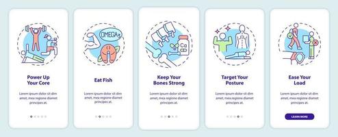 Advices for healthy joints onboarding mobile app screen. Eat fish walkthrough 5 steps graphic instructions pages with linear concepts. UI, UX, GUI template. Myriad Pro-Bold, Regular fonts used vector