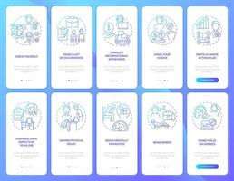 Choosing right career blue gradient onboarding mobile app screen set. Walkthrough 5 steps graphic instructions pages with linear concepts. UI, UX, GUI template. Myriad Pro-Bold, Regular fonts used vector