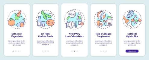 Building healthy bones onboarding mobile app screen. High calcium foods walkthrough 5 steps graphic instructions pages with linear concepts. UI, UX, GUI template. Myriad Pro-Bold, Regular fonts used vector