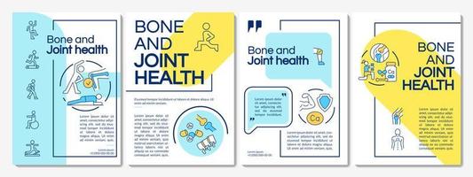 Keeping bones and joints healthy blue and yellow brochure template. Leaflet design with linear icons. 4 vector layouts for presentation, annual reports. Questrial, Lato-Regular fonts used