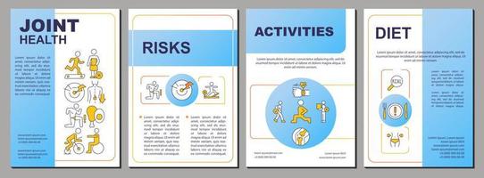 mantenimiento de la plantilla de folleto azul de articulaciones sanas. dieta y ejercicios. diseño de folletos con iconos lineales. 4 diseños vectoriales para presentación, informes anuales. arial, innumerables fuentes pro-regulares utilizadas vector