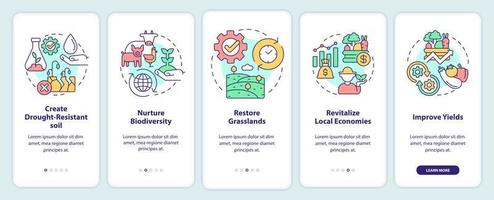 Shift to regenerative culture onboarding mobile app screen. Agriculture walkthrough 5 steps graphic instructions pages with linear concepts. UI, UX, GUI template. Myriad Pro-Bold, Regular fonts used vector