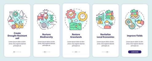 cambiar a la cultura regenerativa incorporando la pantalla de la aplicación móvil. tutorial de agricultura 5 pasos páginas de instrucciones gráficas con conceptos lineales. interfaz de usuario, ux, plantilla de interfaz gráfica de usuario. innumerables fuentes pro-negrita y regulares utilizadas vector