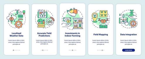 tendencias agrícolas actuales que incorporan la pantalla de la aplicación móvil. tutorial de la industria 5 pasos páginas de instrucciones gráficas con conceptos lineales. interfaz de usuario, ux, plantilla de interfaz gráfica de usuario. innumerables fuentes pro-negrita y regulares utilizadas vector