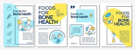 Nutrition for bone health blue and yellow brochure template. Vegetables, fish. Leaflet design with linear icons. 4 vector layouts for presentation, annual reports. Questrial, Lato-Regular fonts used