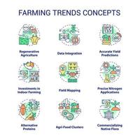 Farming trends concept icons set. Innovations in agriculture industry development idea thin line color illustrations. Isolated symbols. Editable stroke. Roboto-Medium, Myriad Pro-Bold fonts used vector