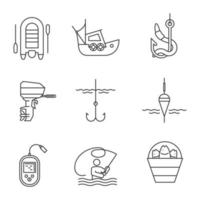 Fishing linear icons set. Outboard boat motor, fisherman, echo sounder, fishhook, float, lure, bucket with catch, live bait, motor boat. Thin line contour symbols. Isolated vector outline illustration