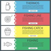 Fishing web banner templates set. Bucket with catch, thermos, fishing line spool, fish. Website menu items. Vector headers design concepts