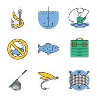 Fishing color icons set. No fishing sign, tackle box, landing nets, fly fishing, fish, live bait, fishhook. Isolated vector illustrations